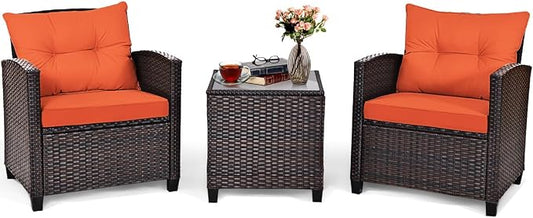 DORTALA Wicker Patio Furniture Set 3 Piece, Outdoor Table and Chairs with Tempered Glass Tabletop, Cushions, Small Rattan Conversation Sofa Set for Balcony, Porch, Backyard, Deck, Orange