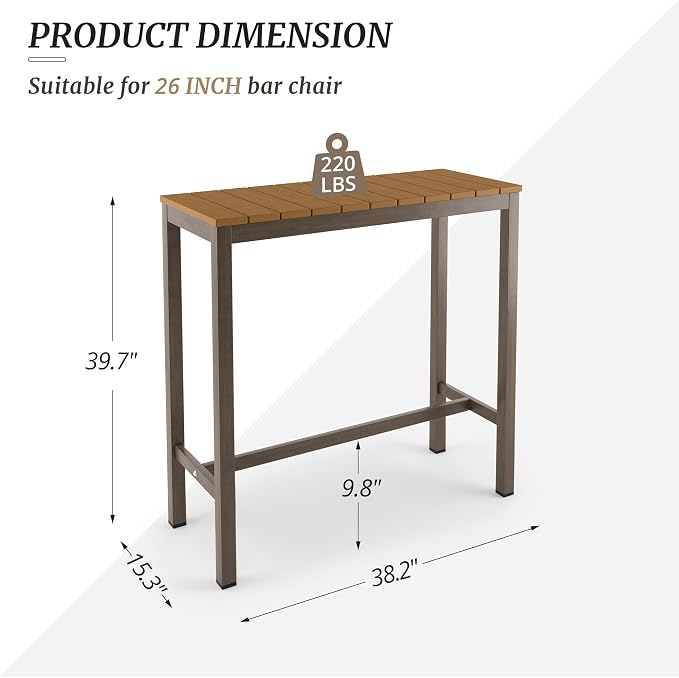 Cozyman Outdoor Bar Table Set of 2, 38" Patio Bar Height Counter Table, Weather Resistant, Waterproof HDPS Slatted Top Console Table for Hot Tub, Balcony, Yard, Indoor or Outdoor Use, Teak