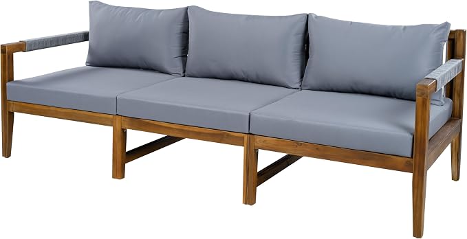 3 Pieces Outdoor Sectional Sofa Set, All Weather Rope Woven Patio Conversation Set with Solid Acacia Wood Frame, Water-Resistant Removable Cushions for Backyard Deck Poolside (Grey-4.19)