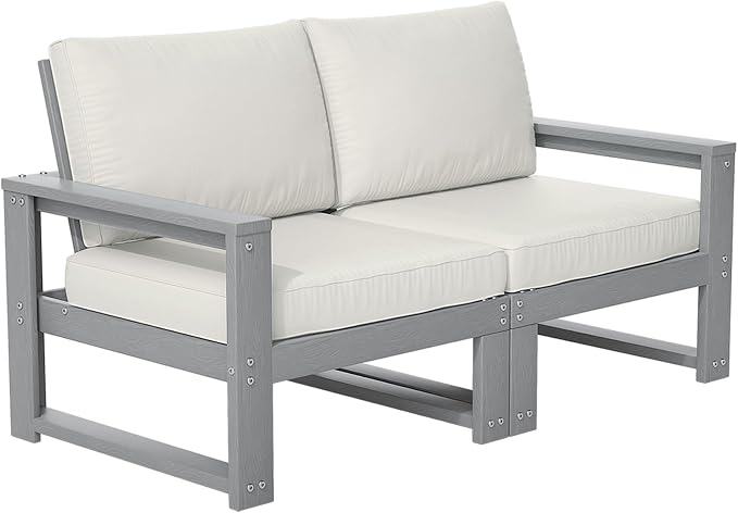 Patio Furniture Set, HDPE Outdoor Couch Loveseat with Cushions,All Weather Outdoor Sofa for Porch, Backyard, Deck,Grey