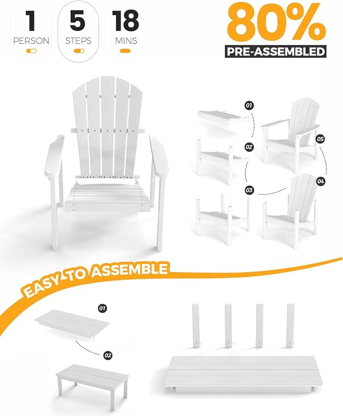 nevilywood 5-Piece HDPE Adirondack Chair Set, 4 Stackable Chairs Coffee Table, All-Weather Wood Grain, Patio Garden Backyard,White