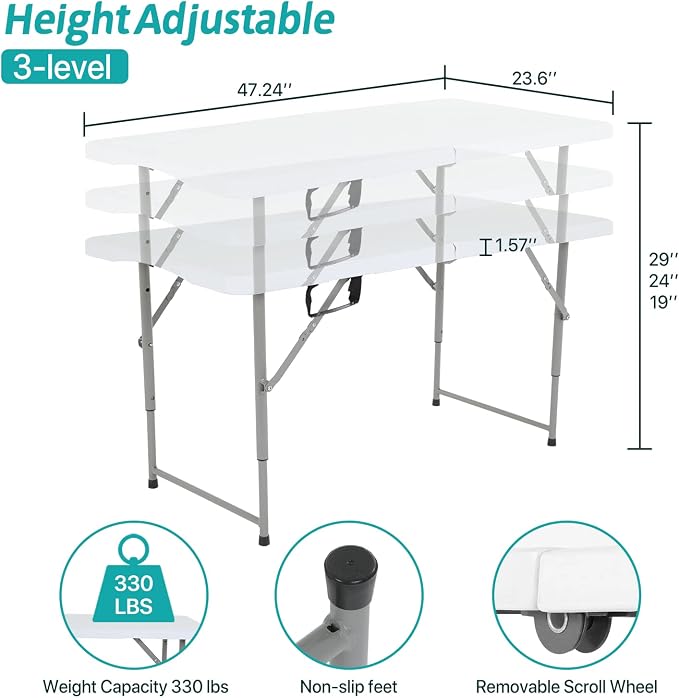 Dkeli Folding Table 4 ft | Portable Plastic Picnic Table | Adjustable Height Heavy Duty Dining Folding Table for Indoor Outdoor Camping, Party | Fold in Half with Handle and Steel Legs - White