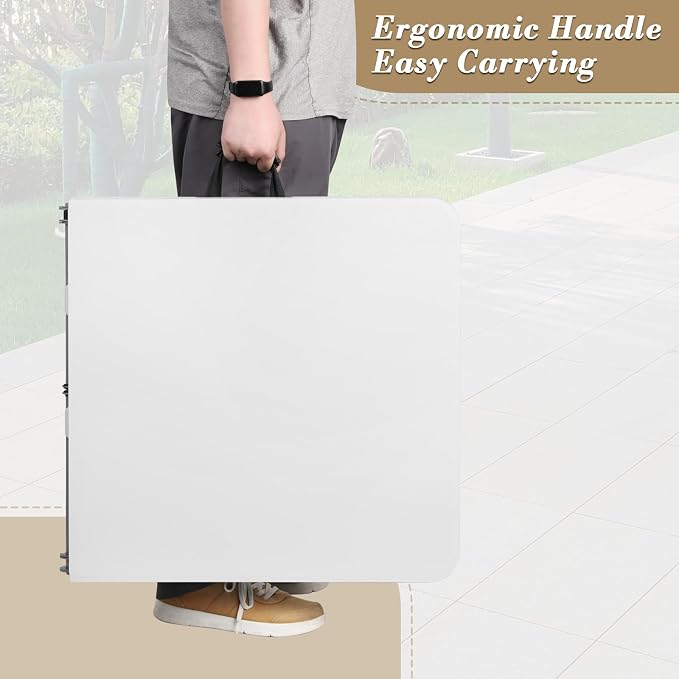 Athena Collection 4ft Folding Table, Lightweight Portable Desk with Handle, Square Foldable Plastic Table for Card Games, Collapsible Dining, Indoor Outdoor Camping Picnic & Party Use, White
