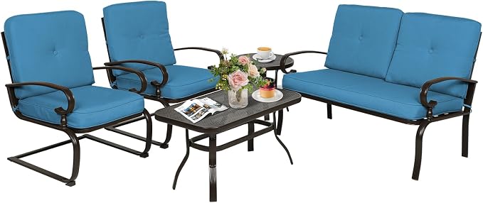 Oakcloud 5Pcs Metal Outdoor Furniture Patio Conversation Set (Loveseat, Coffee Table and Bistro Table, 2 Spring Chair) -Wrought Iron Patio Chair Set with Cushions (Blue)