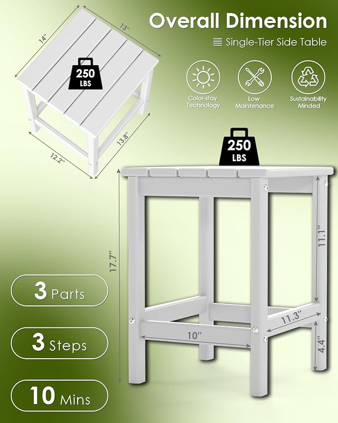 GREENVINES Adirondack-Outdoor-Side-Table | Set of 2 | Single-Tier | 14 x 13 Inches | HDPE Plastic | All Weather | White | Outside End Tables | for Patio Porch Backyard Indoor