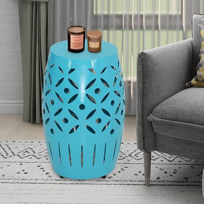 ABBLE Round Patio Outdoor Indoor Lace Cut Steel Side Table, Patio Garden Table, Coffee End Table Nightstand for Small Spaces,Living Room,Front Porch,Poolside, Teal