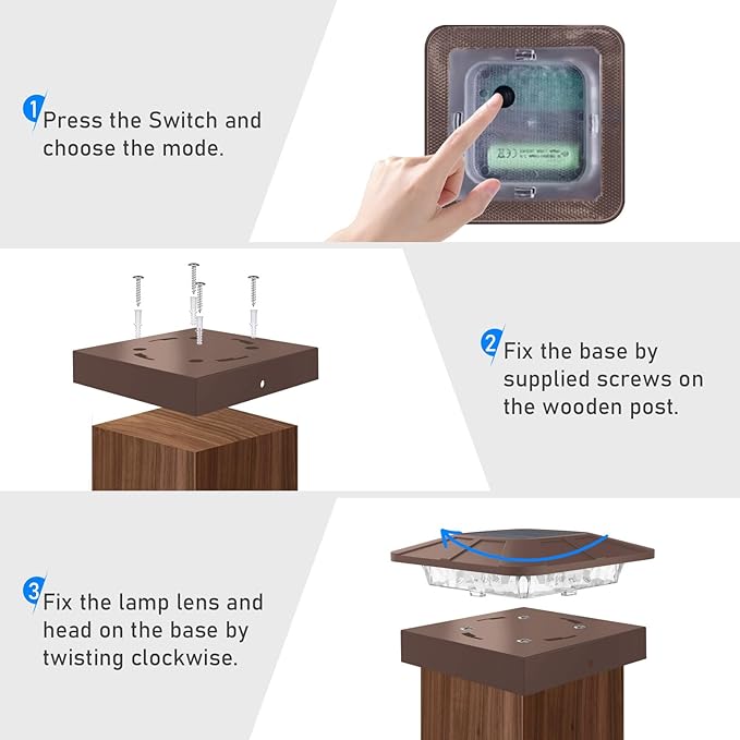 6 Packs 4x4 Post Solar Lights with 3 Modes, Waterproof LED Solar Cap Lights for 4×4/3.5×3.5 Wood/Vinyl Posts, Brown Post Top Lighting Outdoor for Fence Deck Mailbox Porch Railing