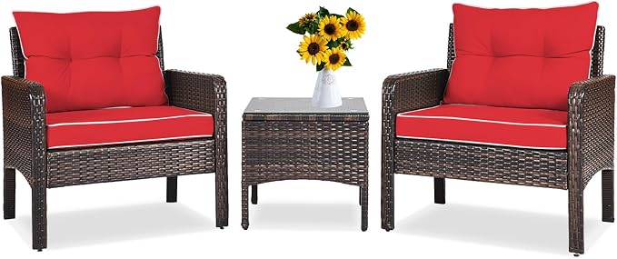 DORTALA Small Patio Furniture Set 3 Piece, Wicker Outdoor Table and Chairs Set with Cushions, All Weather Rattan Conversation Bistro Set for Balcony, Porch, Backyard, Deck, Red