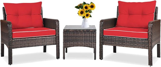 DORTALA Small Patio Furniture Set 3 Piece, Wicker Outdoor Table and Chairs Set with Cushions, All Weather Rattan Conversation Bistro Set for Balcony, Porch, Backyard, Deck, Red