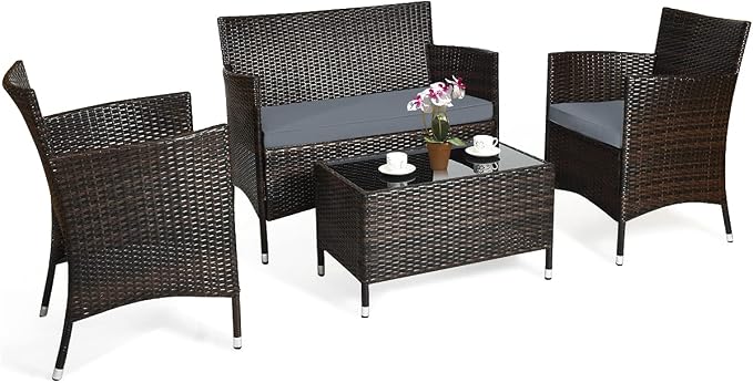 COSTWAY 4PCS Rattan Patio Furniture Set | Outdoor Wicker Rattan Chairs with Coffee Table, Rattan Cushioned Conversation Set for Backyard Balcony Porch Poolside, Grey