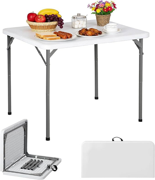 ZENY 34inch Fold in Half Square Table, Portable Plastic Dining Card Table for Kitchen or Outdoor Party Wedding Event, Bi-Folding Picnic Camp Dining Table, White