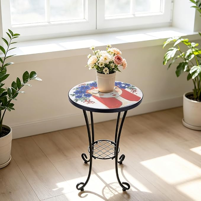 14 Inch Mosaic Patio Side Table with Scroll Legs, Indoor Outdoor Accent Round End Table with Ceramic Tile Tops for Yard, Garden, Living Room, Bistro, B - Red Hair Girl