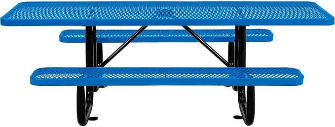 Global Industrial 8'L Rectangular Picnic Table, ADA Compliant, Expanded Metal, Blue Thermoplastic Coating, Attached Benches, 1-1/2” Umbrella Pole Hole, Outdoor-Rated