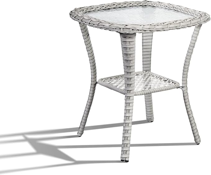 Patio Wicker Side Table, Outdoor PE Rattan End Table with 5mm Tempered Glass Top and 2-Tier Storage Shelf, 20" Square Coffee Table for Deck Porch Garden Backyard-Light Grey