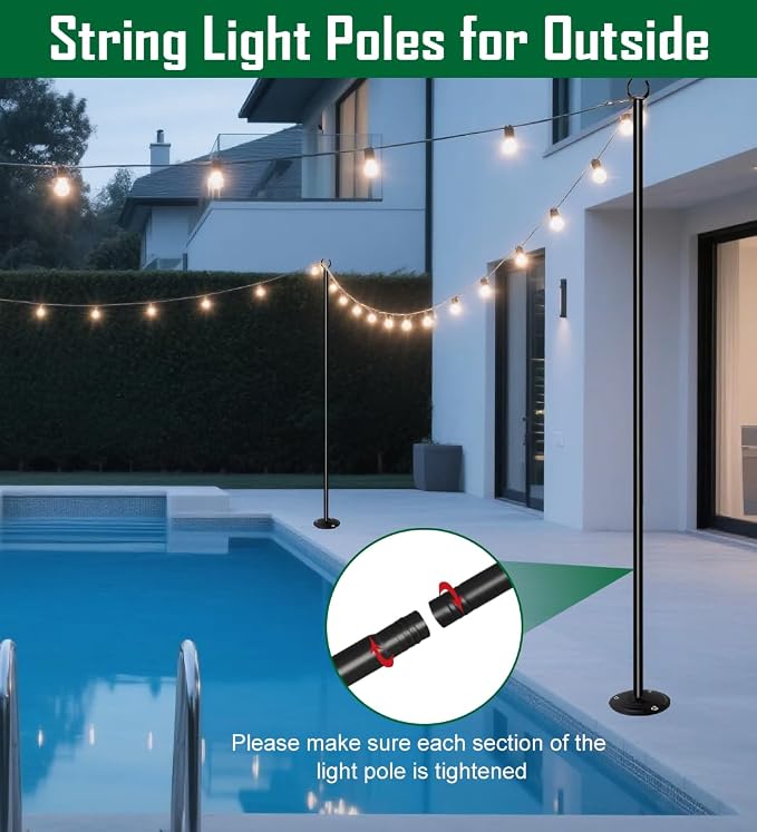 10ft String Light Poles for Hard Surfaces, Light Poles for Outdoor String Light, Perfect for Garden, Backyard, and Patio Lighting Stand for Parties, Wedding - Matte Black Finish - 2 Pack