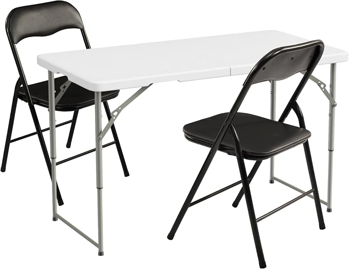 Elevon Folding Table Set with 2 Black Folding Chairs,4 Feet Heavy Duty Fold-in-Half Utility Table Sets for Picnic, Event, Training, Outdoor Activities, at Home and Commercial Use