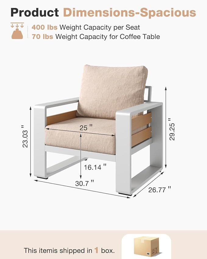 Aoxun Aluminum Patio Furniture Set, 2 Piece Luxury Outdoor Sectional with 6" Olefin Fabric Cushions, Patio Conversation Sets with Coffee Table Outdoor Sofas for Backyard, Porch Beige