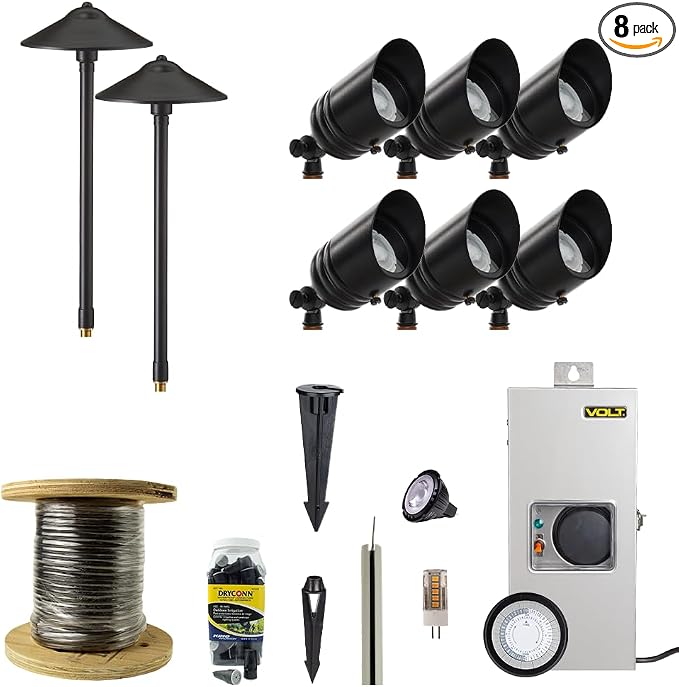 VOLT 12V LED Landscape Lighting Kit (6 Spotlights, 2 Path Lights), Black | Solid Brass, 150W Low Voltage Transformer Included, Ideal for House Yard Outdoor Pathway Walkway Garden Driveway or Patio
