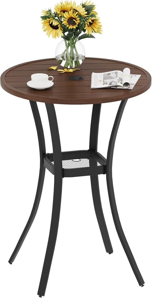 VICLLAX Patio Bar Height Table, Round Outdoor Bar Table with Umbrella Hole, 27.6" Walnut