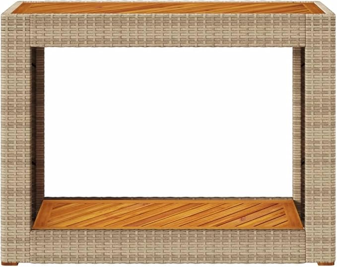 vidaXL Patio Side Table with Wooden Top, Exterior Tea Table with Storage, Rectangular Coffee Table for Garden Backyard, Modern, Beige Poly Rattan