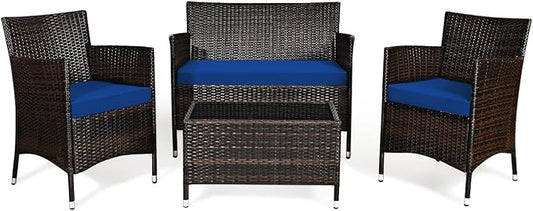 HAPPYGRILL 4 Pieces Patio Sofa Set Rattan Wicker Furniture Patio Conversation Set with Cushioned Sofa and Coffee Table for Outdoor Backyard Garden Poolside