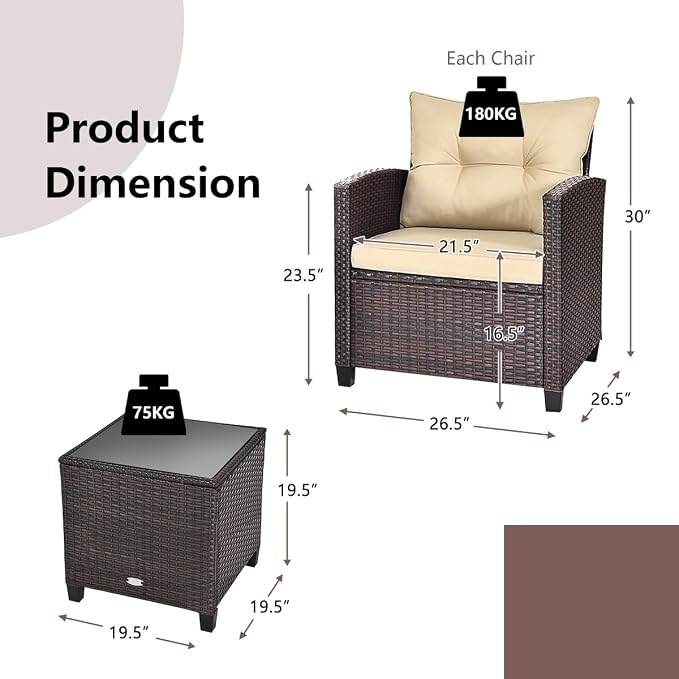 3-Piece Wicker Patio Furniture Set, Outdoor Sofa Set with Water-Resistant Cushion & Tempered Glass Table, Brown