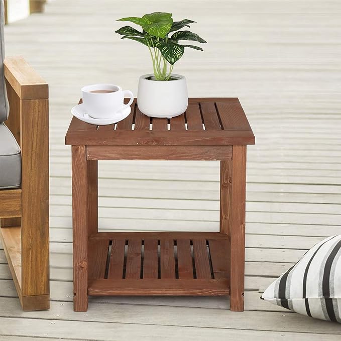 Outvita Patio Small Side Table, Acacia Wood 18 inch Double-Deck Coffee Table with Storage Tier for Living Room, Garden, Balcony, Porch, Deck (Carbonized Color)
