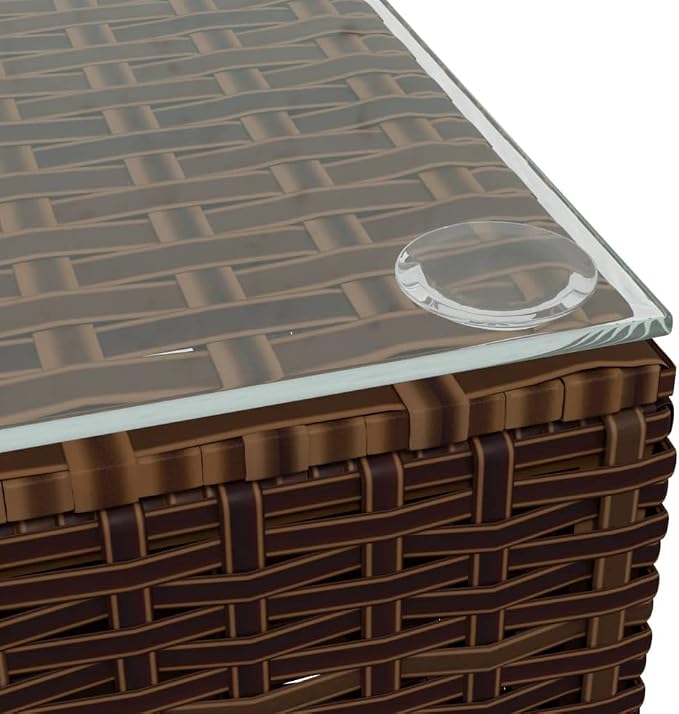 Square Garden Coffee Table 23.6x23.6x11.8 in Brown PE Rattan & Tempered Glass Top Modern Outdoor Side Table Lightweight Patio Accent for Balcony Living Room and Sunroom
