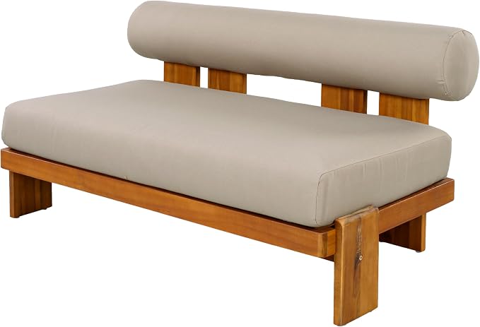 Christopher Knight Home Phobo Acacia Wood Outdoor Loveseat and Coffee Table Set, 2 Piece Patio Furniture Set with Cushion, Outdoor Conversation Set with Slatted Design for Backyard, Teak + Light Brown