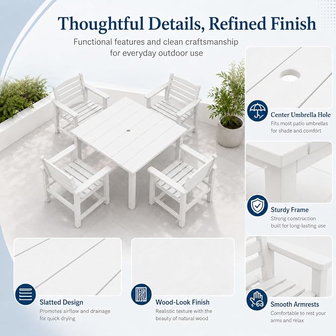 HDPE Outdoor Dining Set for 4, Square Table & Chairs Set | • All-Weather Polywood Composite • 410 lbs Heavy-Duty Support • Built-In 2" Umbrella Hole • Easy Soap-Water Wash