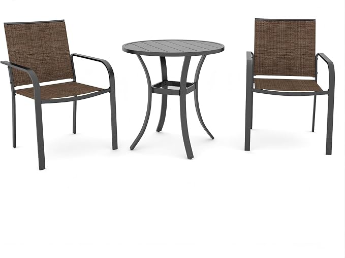 Anmutig 3-Piece Outdoor Dining Set, Small Metal Bistro Table with 2 Stackable Sling Chairs, 27.5 x 27.5 Inch Round Table, Brown Fabric