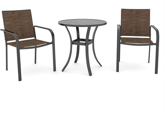 Anmutig 3-Piece Outdoor Dining Set, Small Metal Bistro Table with 2 Stackable Sling Chairs, 27.5 x 27.5 Inch Round Table, Brown Fabric