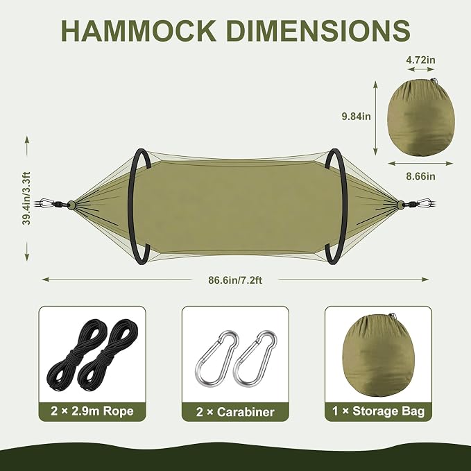 Camping Hammock with Mosquito Net, 3 in 1 Portable Hammock Tent 440lbs Capacity Attached Storage Pocket Single Nylon Hammock Set for Outdoor Travel Camping Hiking Backpacking (Army Green)