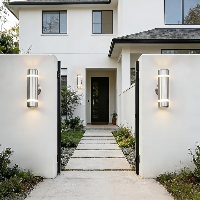 13" Stainless Steel Modern Outdoor Wall Sconce Cylinder Porch Light | E26 Base,UL listed,Brushed Nickel Up and Down Lights Outdoor Exterior Lighting Fixture for House Garage Patio Porch Garden