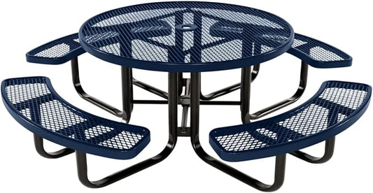 COATEDOUTDOORFURNITURE Heavy-Duty Portable Outdoor Kids Table with Umbrella Hole, Expanded Metal Kids Picnic Table, Commercial-Grade, Made in America (46 in, Round, Childrens, Textured Dark Blue)