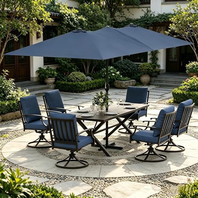 ALAULM 7-Piece Patio Dining Set with 14FT Patio Umbrella,Outdoor Dining Set with 6 Swivel Chairs & Rectangle Table with1.5 Umbrella Hole, Patio Dining Table and Chairs for Backyard,DarkBlue