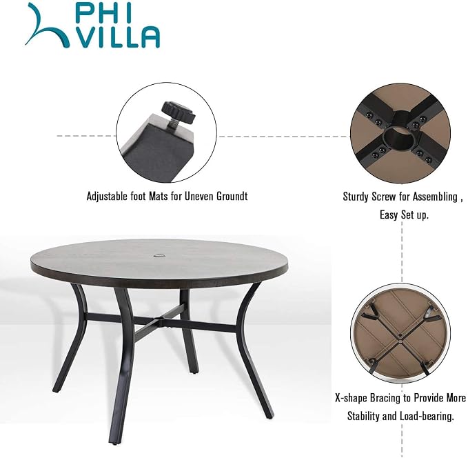 PHI VILLA 5 Piece Outdoor Patio Dining Set with Large Round Table, 4 Swivel Patio Dining Chairs with Metal Frame and Textilene Fabric, 44" Dia Wood-Like Metal Dining Table