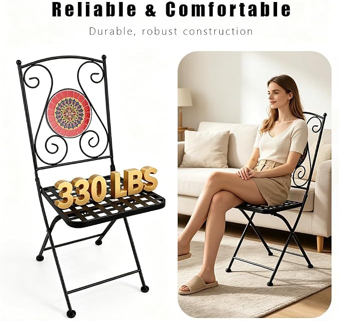 3 Piece Bistro Sets Mosaic Tile Round Table Folding Chairs Garden | Set of 3 Patio Furniture 23.6" Table and 2 Chairs Outdoor Bistro Chairs Artistic Table for Balcony Porch Apartment Backyard