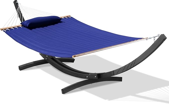 Lazy Daze Hammocks 12 FT 2 Person Quilted Hammock with Black Curved Metal Heavy Duty Stand and Pillow for Outside, Backyard, Patio, 450 Lbs Capacity, Blue