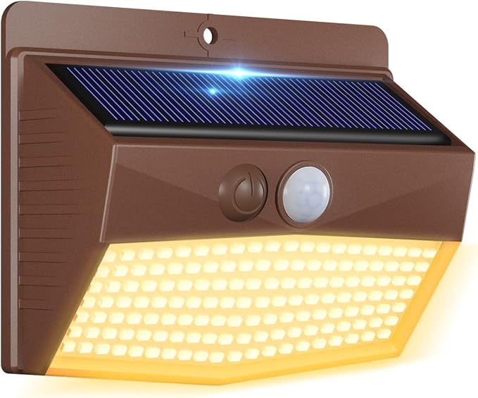 1 Pack Solar Motion Lights Outdoor, Solar Security Light with 3 Modes, IP65 Waterproof Flood Lights Outside for Camping Garden Patio Garage Backyard, Brown Warm