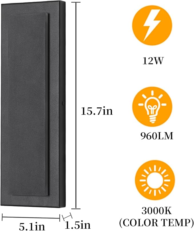 Outdoor Wall Light Modern Wall Lighting 15.7 in,12 W | Waterproof Exterior Lighting Fixtures Wall Mount,Porch Lights Outdoor For Patio Entrance Front Door,3000K,1 Pack