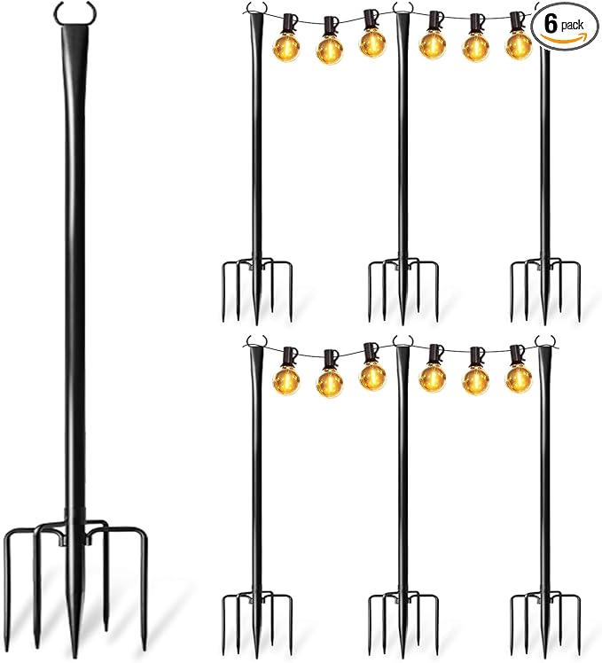 6 Pack String Light Poles for Outside, Upgraded Heavy-Duty Metal Poles for Outdoor String Lights with Fork, Adjustable Lighting Hanging Accessories for Patio Decor Pergola Backyard Garden Decorations