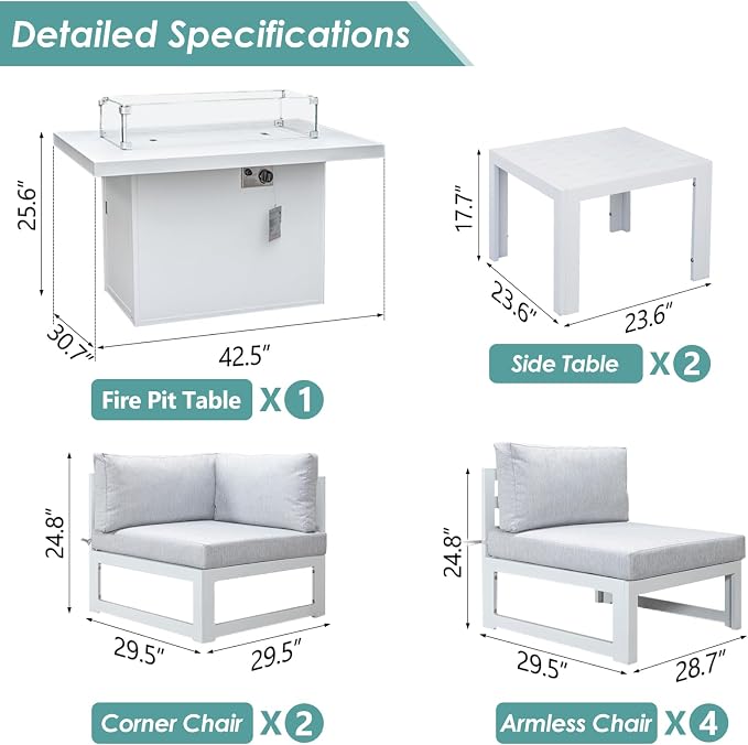 RADIATA 9 Pieces Aluminum Patio Furniture Set with Fire Pit Table, Morden Outdoor Sectional Sofa, Large Conversation Seat with Thick Cushion for Garden Backyard Deck Porch (White)