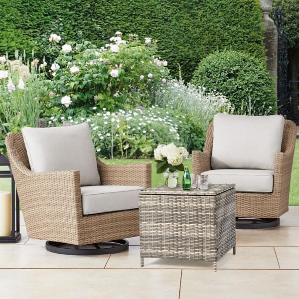 Outdoor PE Wicker Side Table with Storage, Patio Rattan End Table Square Container for Furniture Covers (Grey)