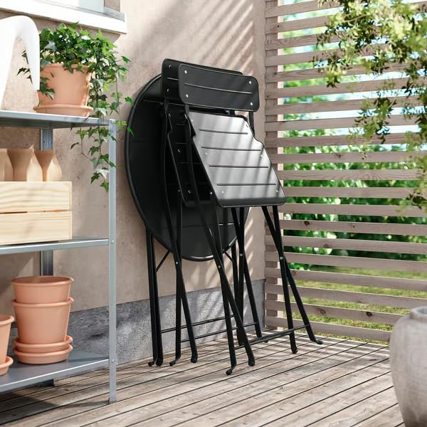 Black Outdoor Folding Bistro Table – Round Metal Patio Table – Foldable Design for Garden, Balcony, Deck, or Porch – Compact Outdoor Dining Table, 25.63 x 28 Inches