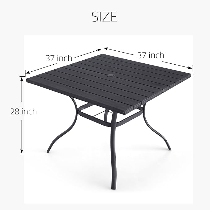 Black 37" Plastic Square Patio Dining Table 3ft for 4 Person with Metal Leg | Plastic Top, Square Table, 3ft, 4 Person Use, Metal Steel Leg, Wood-Like Grain Top, Umbrella Hole, Rust Free