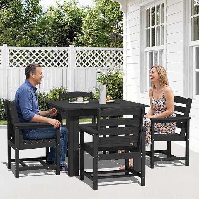KINGYES 8-Piece HDPE Outdoor Dining Set for 6, Square Patio Table & Armchairs with Umbrella Hole, All-Weather Patio Dining Set for Backyard, Garden, Lawn & Poolside, Black