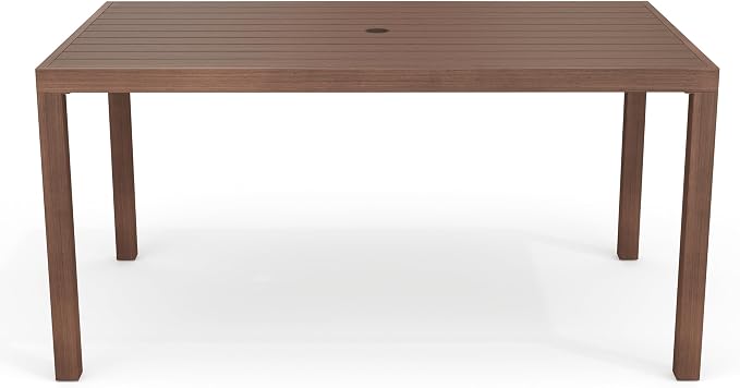 Martha Stewart Bedford 62" Indoor-Outdoor Aluminum Patio Table with Umbrella Hole and Brushed Woodgrain Finish in Brown