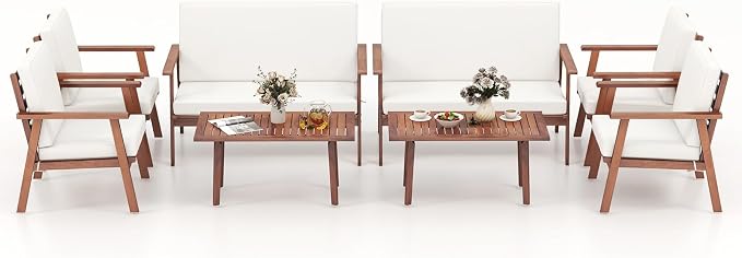 Tangkula 4 Piece Outdoor Conversation Set, Acacia Wood Sofa Set with Soft Seat & Back Cushions, Rectangle Coffee Table Patio Wood Furniture Set for Backyard, Poolside, Garden (2, Off White)