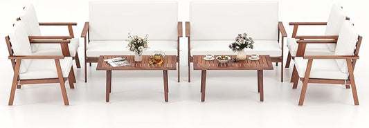 Tangkula 4 Piece Outdoor Conversation Set, Acacia Wood Sofa Set with Soft Seat & Back Cushions, Rectangle Coffee Table Patio Wood Furniture Set for Backyard, Poolside, Garden (2, Off White)